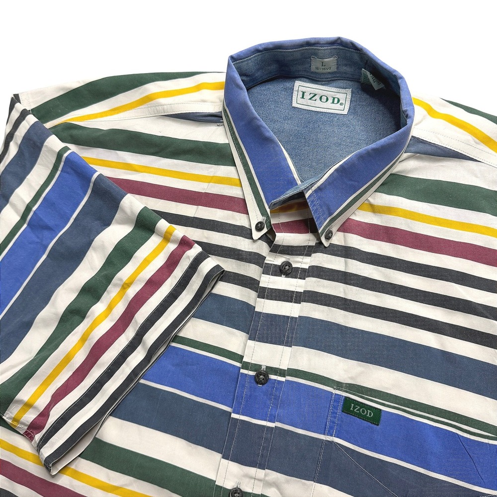 Vintage Izod Mens Large Striped Button Down Shirt Short Sleeve Cotton Multi
